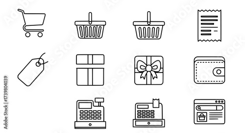 Shopping icons basket, cart, price tag, cash register for online commerce