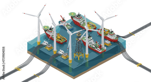 Vector art of offshore wind farm construction with ships and turbines