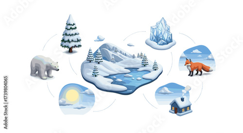 Vector art of winter landscape with polar bear, fox, and snowy elements