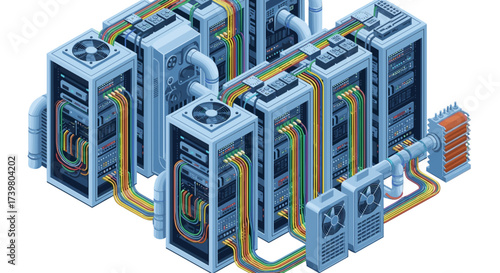 Vector art of isometric illustration of a server room with racks, cables, and fans