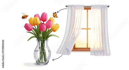 Vector art of a vase of colorful tulips with a bee and butterfly near a window with white curtains
