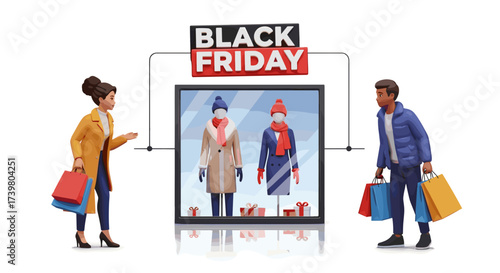 Vector art of black friday sale with people shopping and mannequins in window display