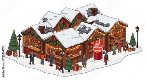 Vector art of isometric illustration of a charming snowy christmas market with decorated stalls and festive lights