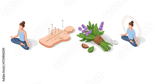 Vector art of acupuncture and meditation with herbs