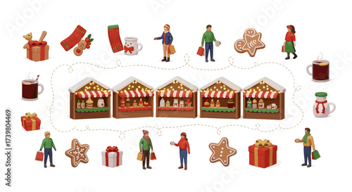 Vector art of christmas market scene with gingerbread stalls, festive figures, gifts, and hot drinks