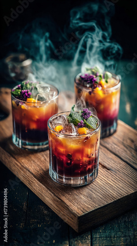 Festive drinks served at a Halloween party feature smoky purple hues, ice, and vibrant garnishes, creating a spooky atmosphere for guests to enjoy
