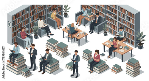 Vector art of people reading and studying in a library with bookshelves and stacks of books