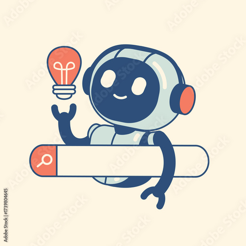 Smiling AI robot holding glowing light bulb and search bar, symbolizing creativity, innovation, and knowledge. Perfect vector for artificial intelligence, tech, and online assistance themes.