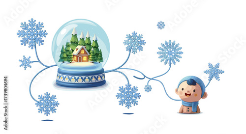 Vector art of cute cartoon character holding a snow globe with a house and trees