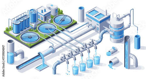 Vector art of isometric illustration of a water treatment plant with filtration and purification processes