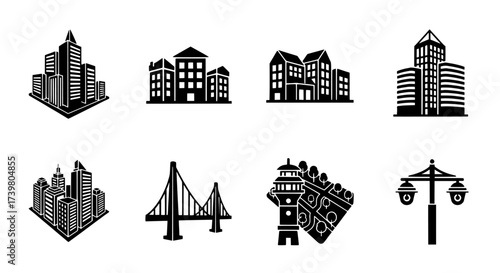 Cityscape Icons Set Buildings, Bridges, and Streetlights in Black and White
