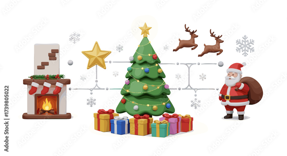Naklejka premium Vector art of claymation christmas scene with santa claus, christmas tree, fireplace, gifts, and reindeer