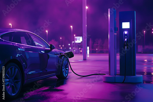 person filling up their car at a hydrogen refueling station purple background