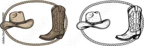 Cowboy paper background for text. Vector western illustration with cowboy boots and hat and lasso on wood texture.
