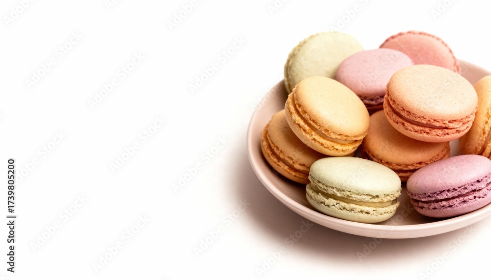 Fototapeta premium Pastel French macarons on a light backdrop—colorful almond meringue cookies with creamy fillings, styled minimal for a delicate dessert treat. 