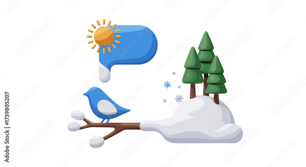 Fototapeta premium 3d illustration of a bird on a snowy branch with trees and a sun icon in a speech bubble