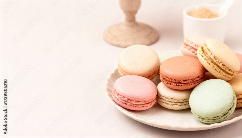 Obraz premium Pastel French macarons on a light backdrop—colorful almond meringue cookies with creamy fillings, styled minimal for a delicate dessert treat. 
