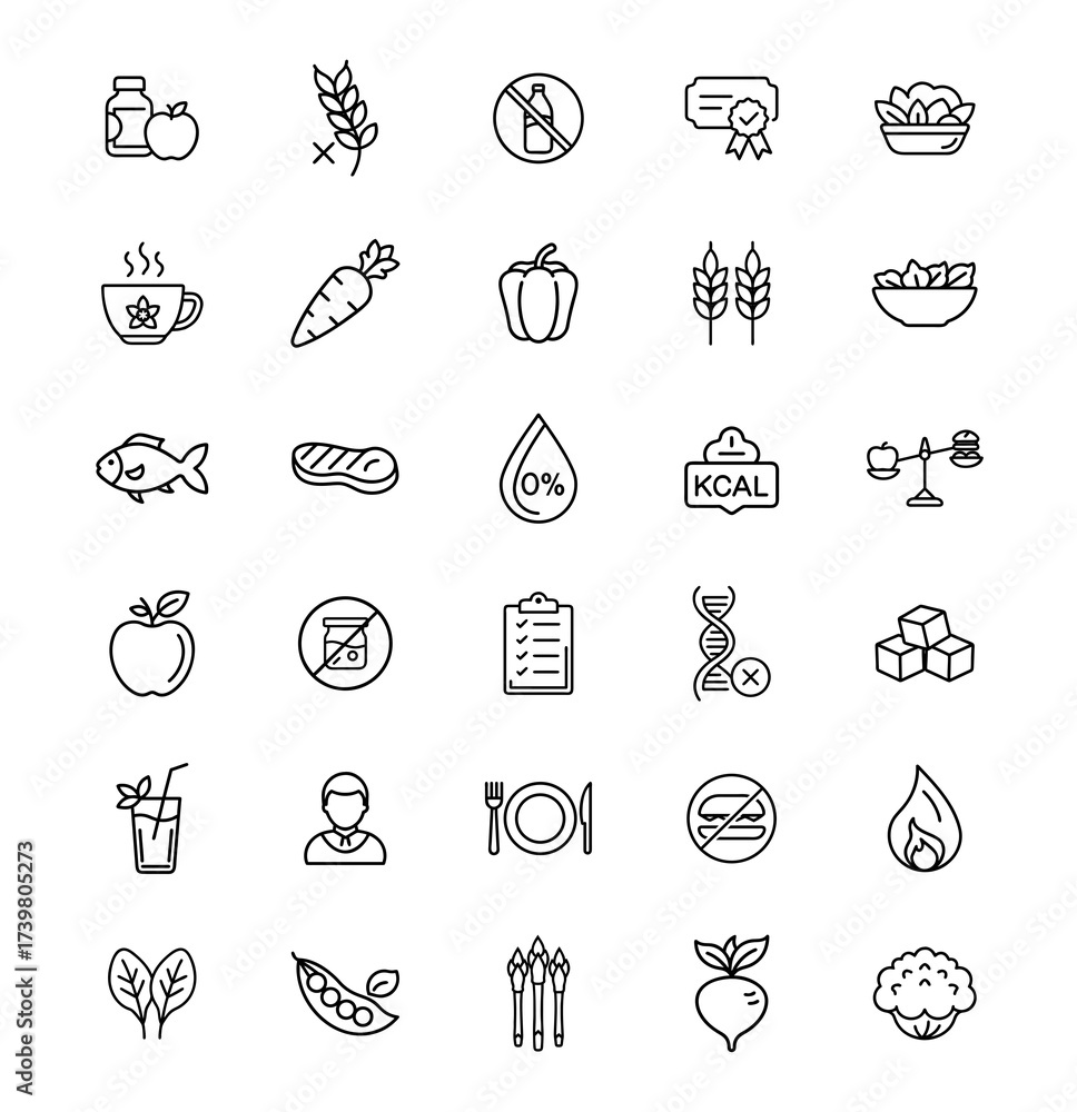 Fototapeta premium Healthy Food and Nutrition Line Icons Set — 30 Minimal Diet, Organic Eating, Wellness and Calorie Control Vector Symbols