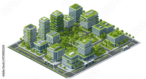 Vector art of ecofriendly cityscape with green buildings and lush vegetation