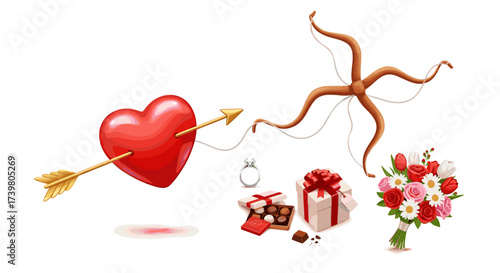 Vector art of valentines day concept with cupids arrow hitting a heart, gifts, ring, and flowers