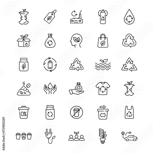 Modern Green City Line Icons Set — 30 Minimal Eco Urban Sustainability and Renewable Energy Vector Symbols