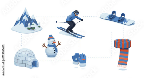 Vector art of winter sports and activities illustration with a skier, snowboard, snowman, igloo, mountain, scarf, and gloves
