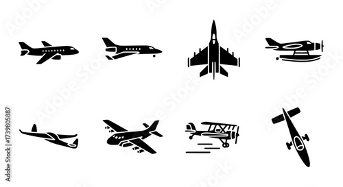 Collection of Airplane Silhouette Icons for Flight and Travel