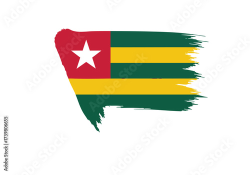 Bold brushstroke of Togo flag with energetic strokes, symbolizing national pride and vibrant spirit, perfect for patriotic designs and global awareness projects.