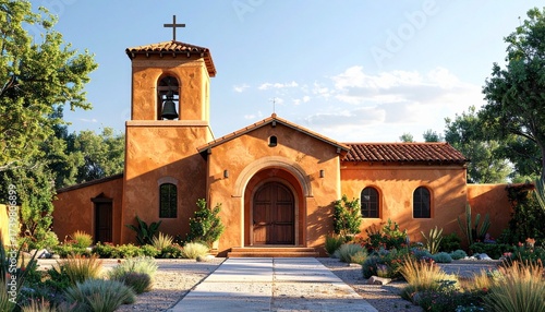 A realistic mission style church with adobe walls, bell tower, and arched doorway isolated on white background

