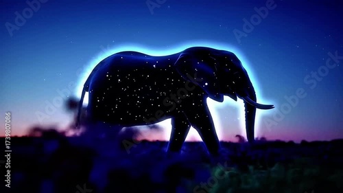 Wide Translucent Elephant Walking Field Dusk Stars Visible Inside Glowing Body Tilt Movement