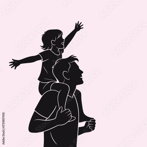 A joyful silhouette depicts a father carrying his daughter on his shoulders as she happily reaches upwards.