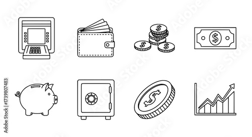 Financial Outline Icons ATM, Wallet, Coins, Piggy Bank and Safe
