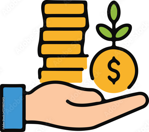 Investment Growth Concept Hand Holding Coins and a Sprout Symbolizing Financial Development and Future Prosperity with Simple and Colorful Design