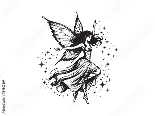 Dancing Fairy Vintage Engraved Mythical Creature Fantasy Illustration Vector