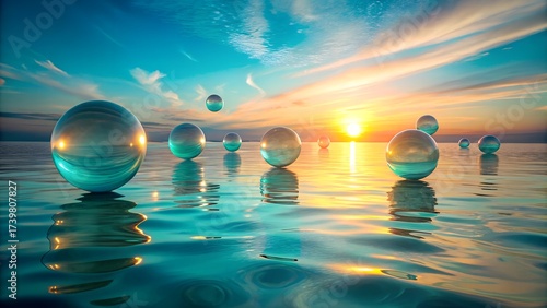 Sunset Reflections on a Turquoise Sea with Floating Bubble