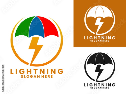 lightning with umbrella best combination logo design vector template. Fast insurance logo design