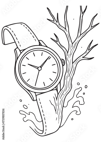 coloring book surreal watch with branches in dreamlike abstract style