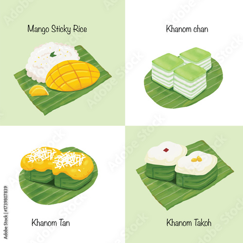 Thai Sweets desserts, Mango sticky rice, ThaiFood, Khanom Thai vector illustration