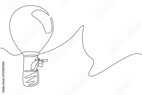 Single one line drawing Arab businessman rides hot air balloon shaped lightbulb, looks through using monocular. New opportunities. National Creativity Day. Continuous line design graphic illustration