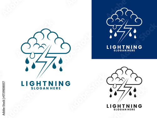 lightning with clouds and rain logo design vector template. Cloud Lightning vector logo design