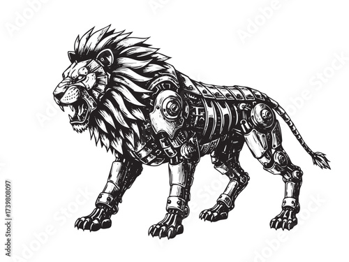Mechanical Lion Vintage Engraved Steampunk Animal Fantasy Illustration Vector
