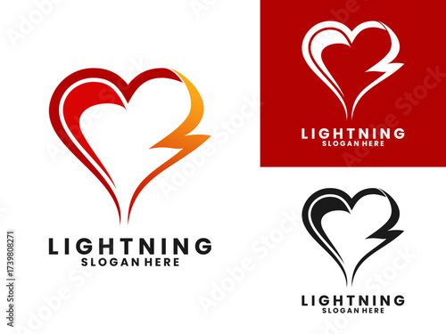 Lightning combination with love outline simple logo design vector template. Lightning care, lightning heart logo design