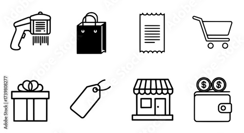 E-commerce Icons Shopping, Retail, and Barcode Symbols
