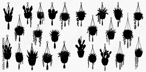 A collection of black silhouette illustrations of various hanging plants and potted succulents, including cacti and trailing foliage, on a transparent background.