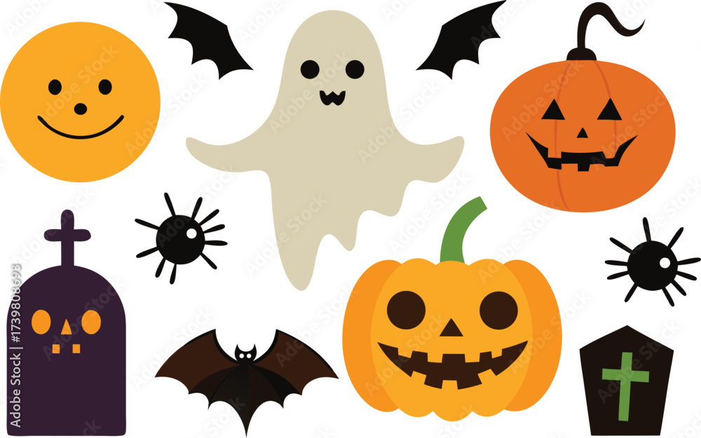 Obraz premium Halloween collection vector illustration spooky pumpkins ghosts bats and spiders graphic design