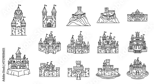 Collection of Whimsical Castles Line Art Illustrations for Fantasy Designs