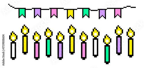Pixel birthday bunting, b-day candles with bright flames. Colorful pennant banner. Retro 8 bit game garland decoration festive vector elements for cake decorating, cool digital nostalgic party pattern