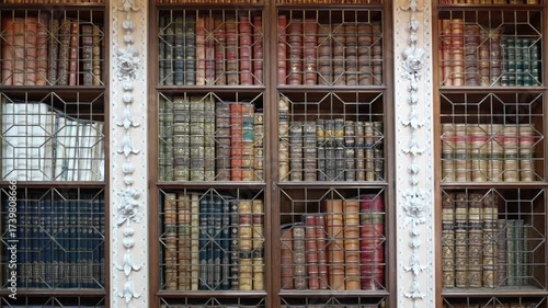 Woodstock, United Kingdom, 12 July 2023, Interior view of a historic library with rows of antique books on ornate wooden shelves.