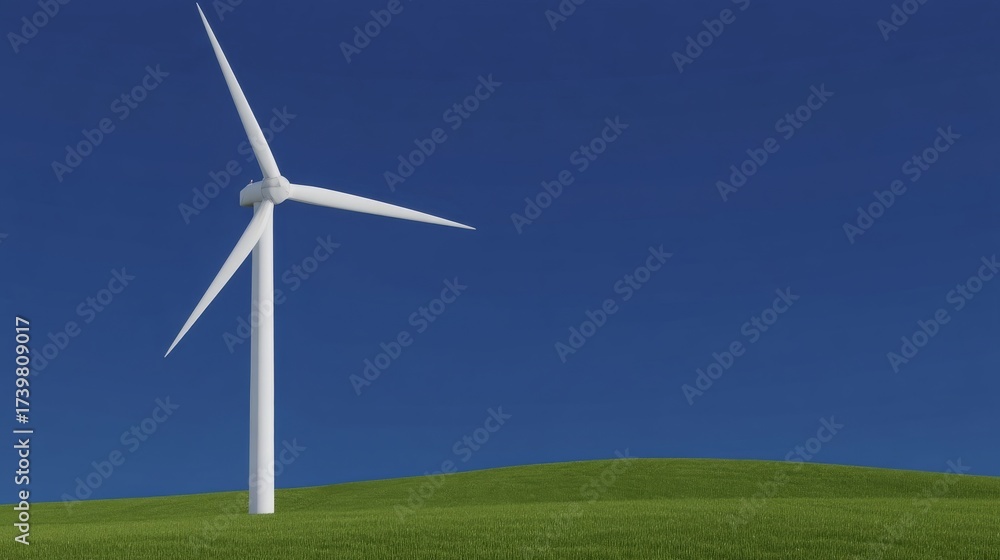 Obraz premium A large white wind turbine operates under clear blue skies atop a grassy hill,