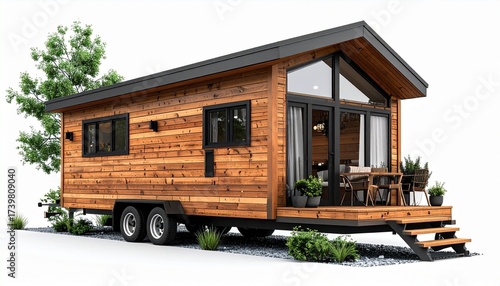 A realistic tiny house on wheels with wooden siding, small windows, and modern compact design isolated on white background
